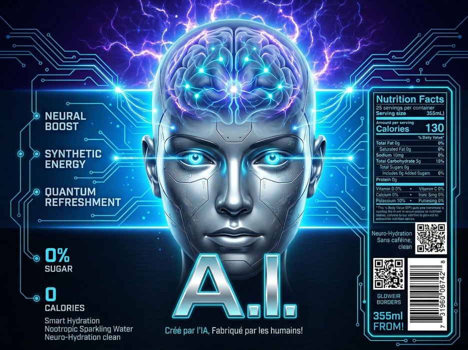 Étiquette de canette AI Smart Hydration — Design cyberpunk avec logo chrome A.I. sur fond de circuits lumineux